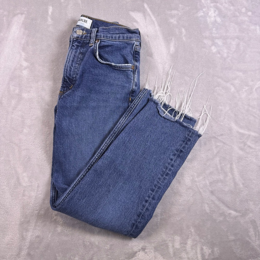 AGOLDE High Rise Straight Leg Raw Hem Jeans Blue Medium Wash Size 25